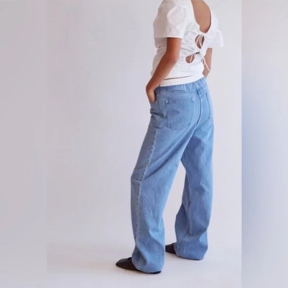 NWT Thakoon Smocked Waist Wide Leg High Rise Light Blue Denim Jeans size 6 - Picture 2 of 13